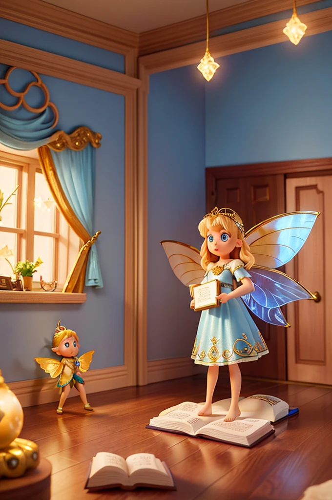 there is a with golden hair with beautiful big blue eyes with white sparkles, she is in her room, holding a book with a golden cover in her hand, she is standing in the fantasy world and ((in front of her is a fairy who talks to her))
a  human and a pixie a fairys