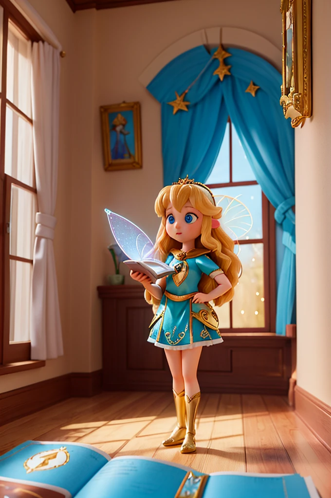 there is a with golden hair with beautiful big blue eyes with white sparkles, she is in her room, holding a book with a golden cover in her hand, she is standing in the fantasy world and ((in front of her is a fairy who talks to her))
a human and a pixie a fairys
