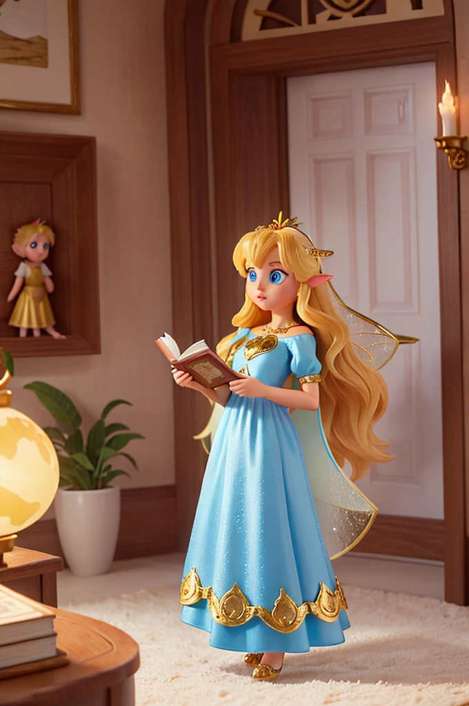 there is a with golden hair with beautiful big blue eyes with white sparkles, she is in her room, holding a book with a golden cover in her hand, she is standing in the fantasy world and ((in front of her is a fairy who talks to her))
a human and a pixie a fairys
