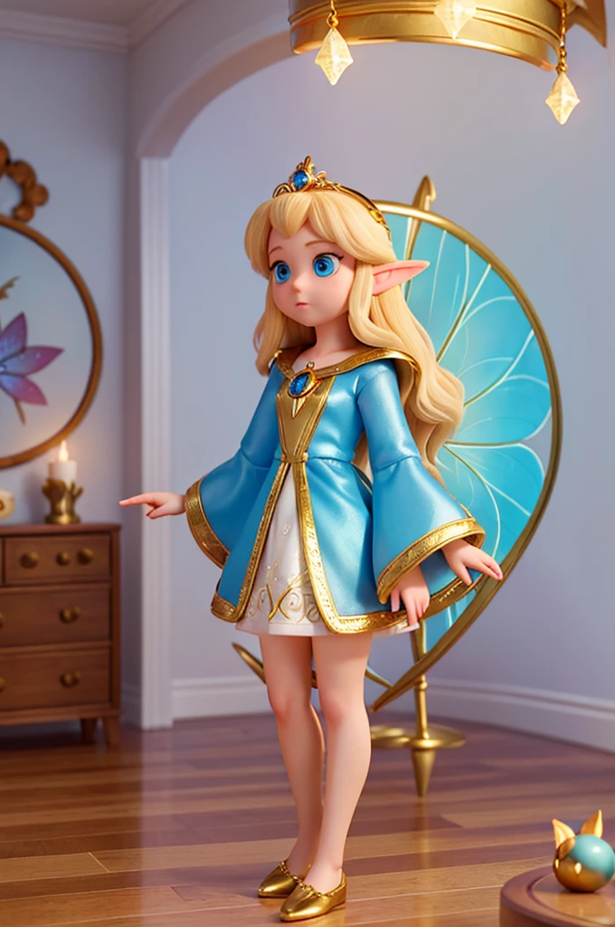 a with long golden hair, sparkling blue eyes in a light blue nightgown.
she is holding hands with a fairy with transparent fairy wings, blonde hair and pink dress