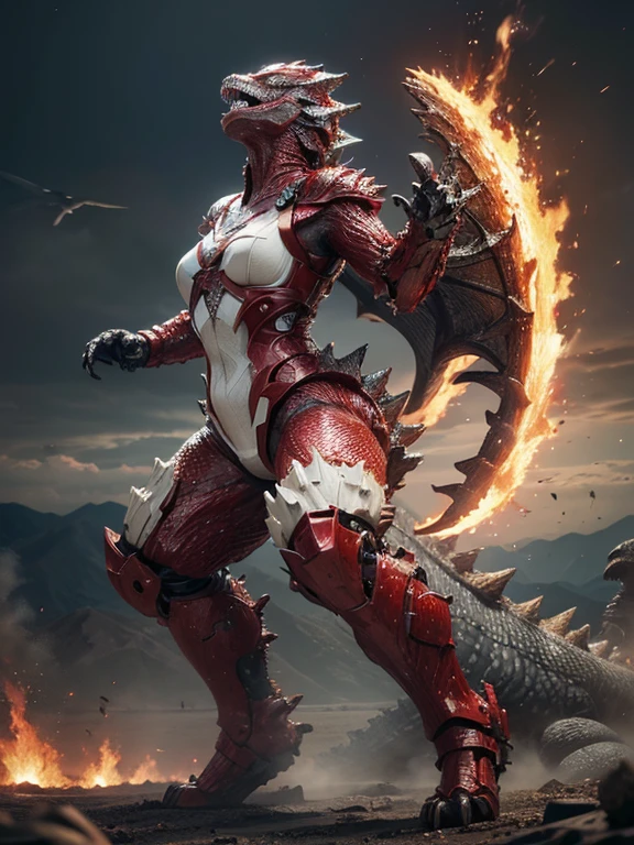 Textured skin, Super detailed, Attention to detail, high quality, 最high quality, High resolution, 1080p, hard disk, beautiful,(Godzilla),beautifulサイボーグ女性,Red and white body,Battle Mode,Girl with a mechanical body,Full Body Shot