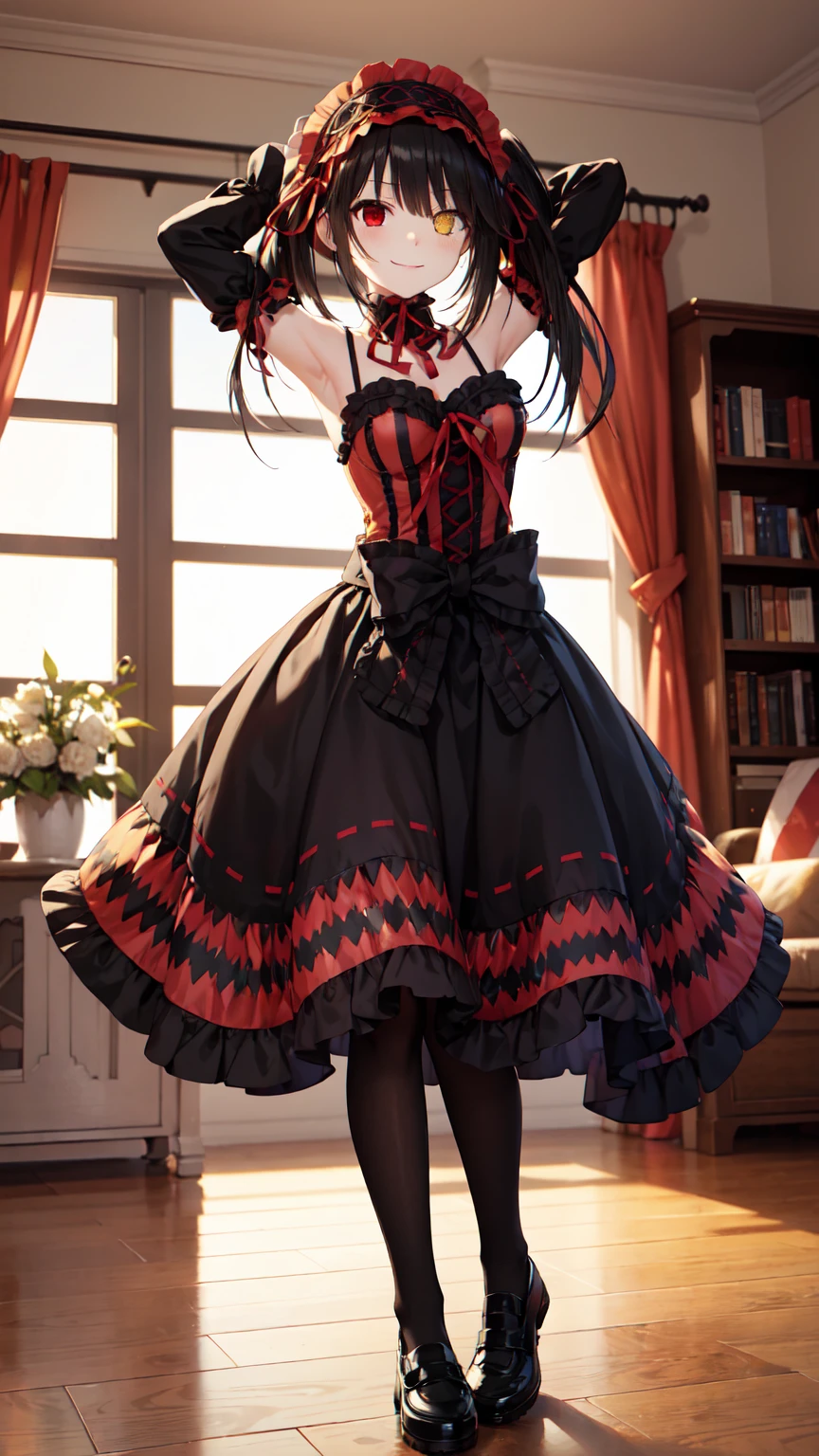masterpiece, The best quality、street、Put your arms behind your back、Black Hair, Long twin tails bunches, (Yellow eyes:1.2), Heterochromia iridum, (Red Eyes:1.2),Tokisaki Kurumi、Smile,Gothic ta Clothing Accessories、victorian maid tiara、Black Ribbon、Shut up、Gothic Lolilothing Accessories,she's room,