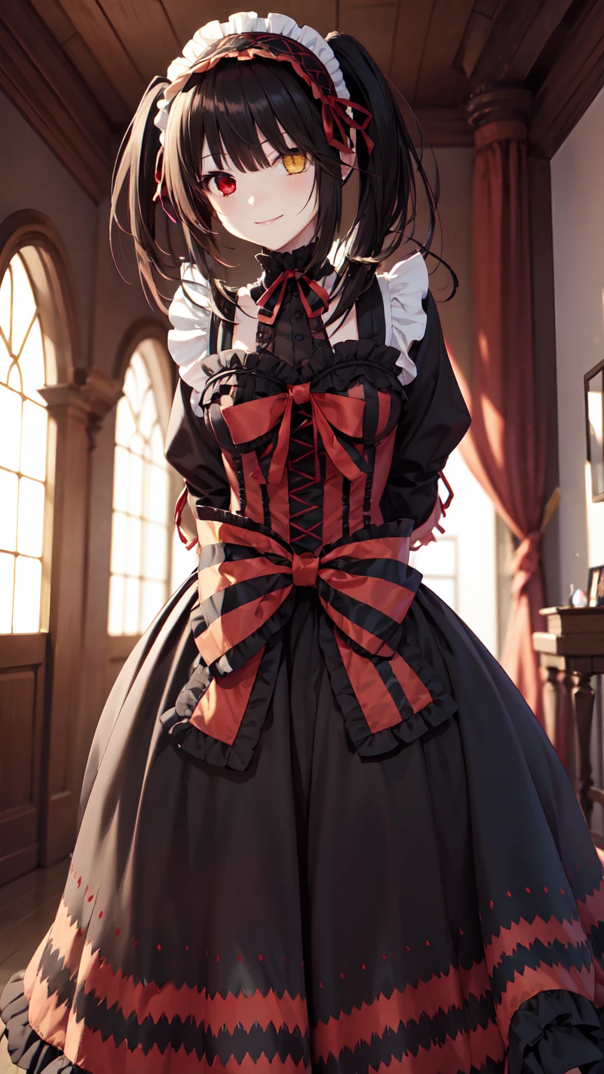 masterpiece, The best quality、street、Put your arms behind your back、Black Hair, Long twin tails bunches, (Yellow eyes:1.2), Heterochromia iridum, (Red Eyes:1.2),Tokisaki Kurumi、Smile,Gothic Lolita Clothing Accessories、victorian maid tiara、Black Ribbon、Shut up、Gothic Lolita Clothing Accessories,she's room,