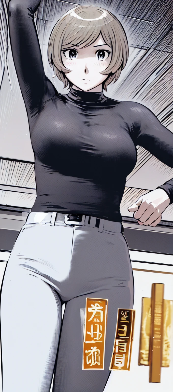 Blonde Hair, (short hair:1.2),No sleeve、Black Shirt, turtleneck,White trousers、uniform、Black belt、((Illustration of a person))、Big Breasts、
View your viewers,, (Highest quality:1.3),One Girl, White pants、uniform、blue eyes、Tight black shirt、(masterpiece、Highest quality)、Highest quality, Ultra-high resolution, (((masterpiece))), alone, Sweat、Big eyes、Big Breasts、One Girl, Front view、Embarrassed face、Bronze colored hair、((short hair))、locker room、Stretch your arms out to the side、Good posture、Stand upright、Please stand up straight、Upper body close-up