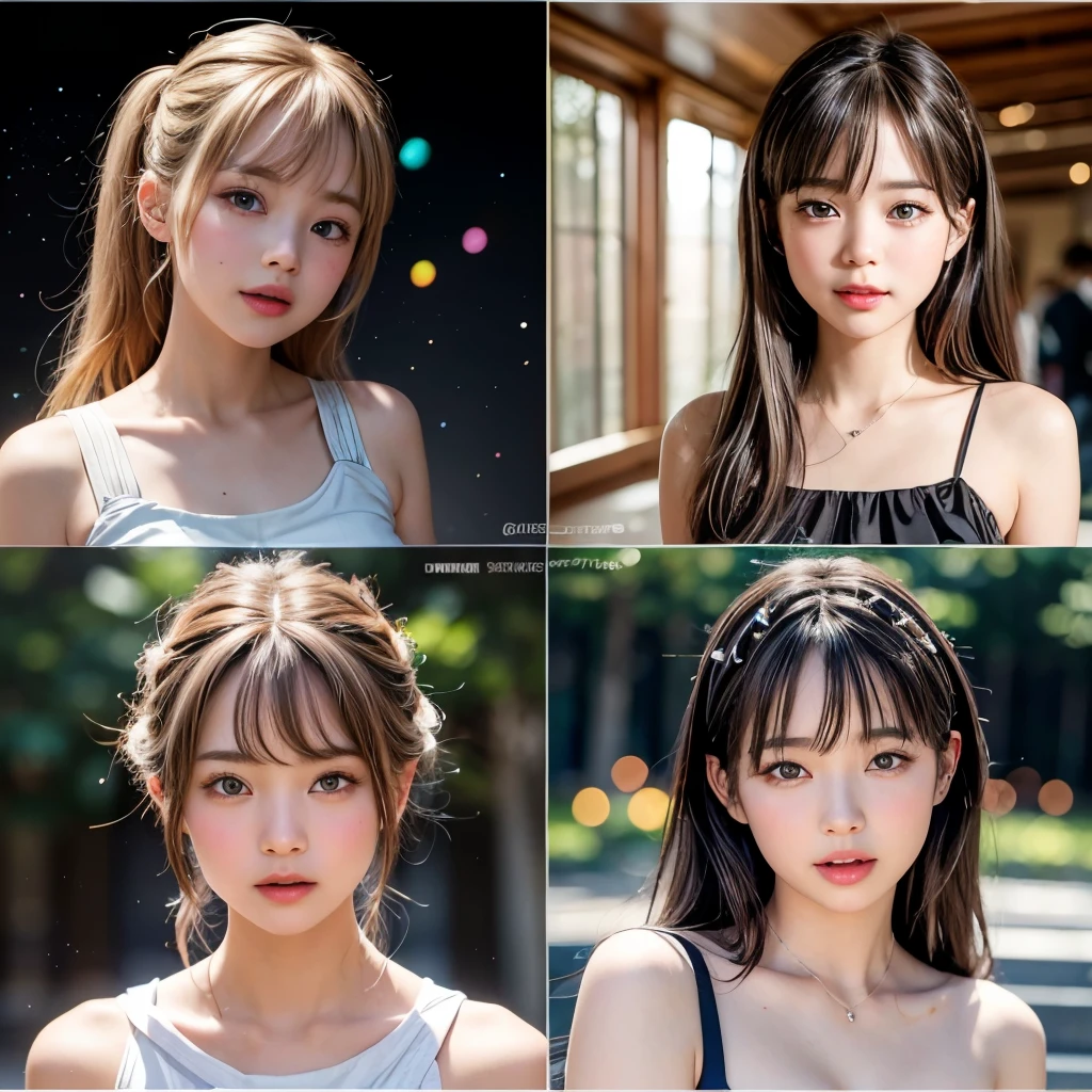 NSFW, 8k, High-level, absurd, masterpiece, best quality, primitive, very detailed CG, very detailed wallpaper, perfect lighting, Extremely detailed (((The personifying " Charlie's Angels " as a Little Girl))), MysticSight, Tyndall effect, Tyndall scattering, Studio gray background with (many Dazzling RainbowColor particles BokeH:1.28), (RoundlyButts, ThighGap), (Exposed:0.4), (Assfocus with looking ahead), BREAK (NOGIZAKA face variations) Extremely Detailed very KAWAII face variations, perfect anatomy, Childish, captivating gaze, elaborate detailed Eyes with (sparkling highlights:1.28), long eyelashes、Glossy RED Lips with beautiful details, Coquettish tongue, Rosy cheeks, Radiant PearlSkin with clear transparency . { (Dynamic LifeLike expressions:1.4) | :d) }, (large eyes:-1) .