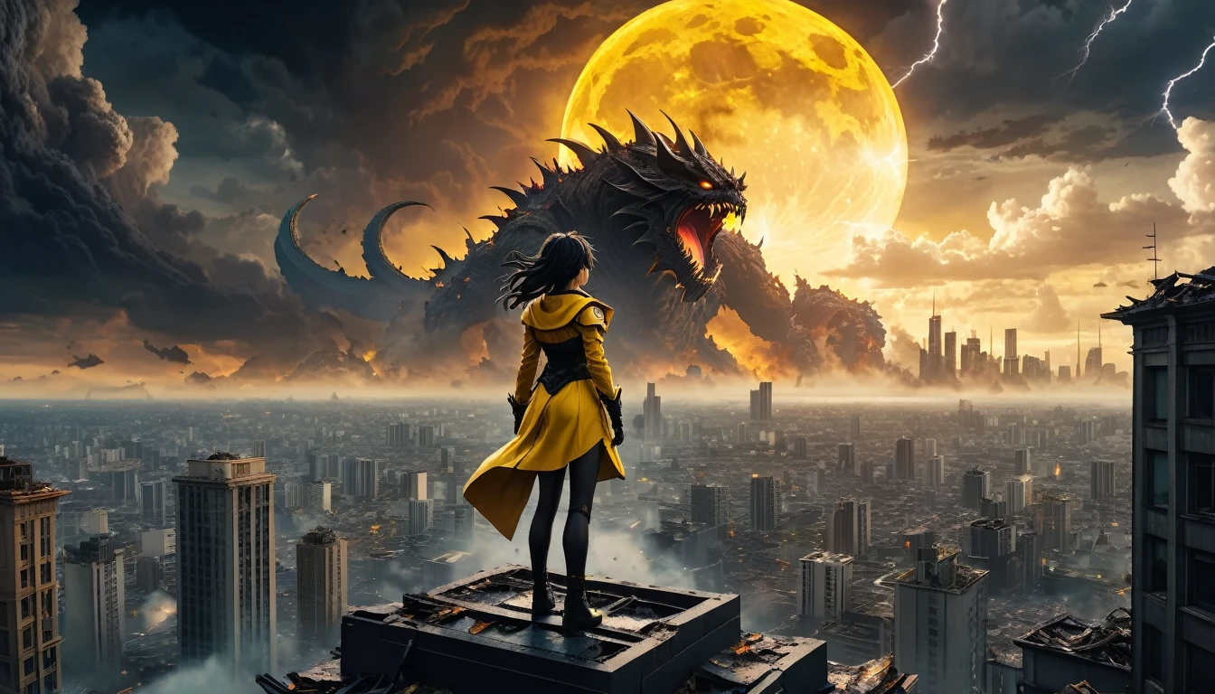 8K high-resolution images, Woman standing on top of a building,anime, A city destroyed by a space monster, Devouring people, Corpses Everywhere, Yellow sky and black clouds,Thunder Magic, In the background is a giant space monster devouring the moon..