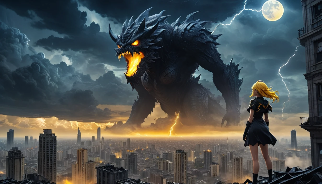 8K high-resolution images, Woman standing on top of a building,anime, A city destroyed by a space monster, Devouring people, Corpses Everywhere, Yellow sky and black clouds,Thunder Magic, In the background is a giant space monster devouring the moon..