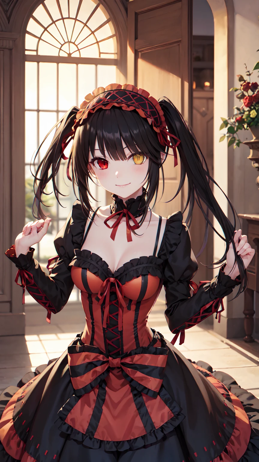 masterpiece, The best quality、street、Put your arms behind your back、Black Hair, Long twin tails bunches, (Yellow eyes:1.2), Heterochromia iridum, (Red Eyes:1.2),Tokisaki Kurumi、Smile,Gothic Lolita Clothing Accessories、victorian maid tiara、Black Ribbon、Shut up、Gothic Lolita Clothing Accessories