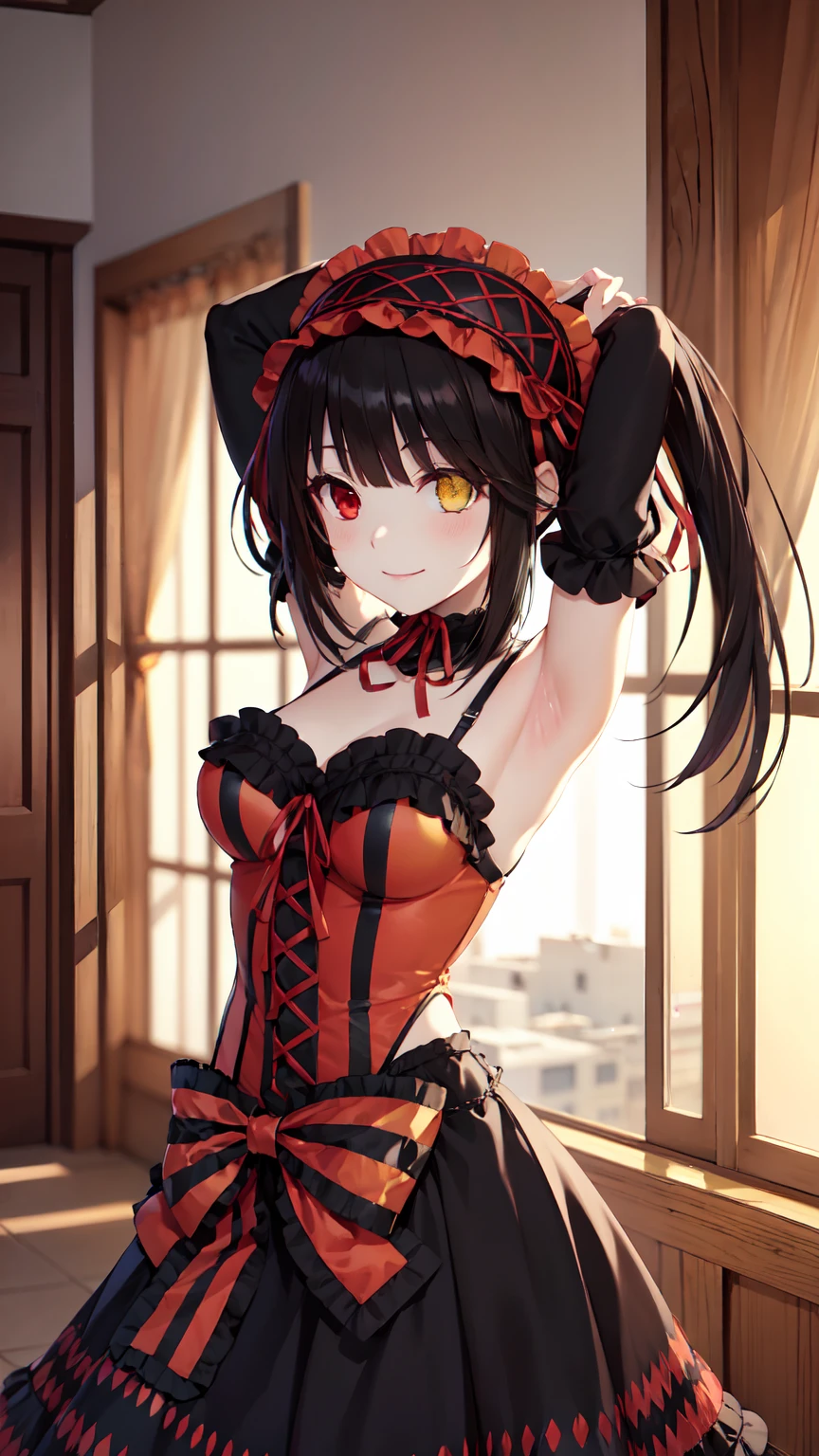 masterpiece, The best quality、street、Put your arms behind your back、Black Hair, Long twin tails bunches, (Yellow eyes:1.2), Heterochromia iridum, (Red Eyes:1.2),Tokisaki Kurumi、Smile,Gothic ta Clothing Accessories、victorian maid tiara、Black Ribbon、Shut up、Gothic Lolilothing Accessories