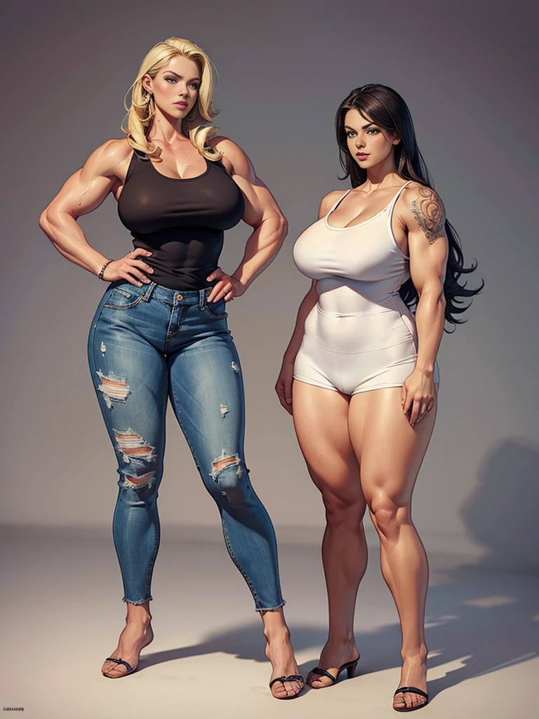((best quality)), ((4k)), ((highres)), ((masterpiece:1.2)). ((detailed)), ((ultra realistic)), ((intricate details)), ((full body picture)), ((character design sheet)), ((blank background)), ((standing in a blank background)), a gorgeous and tall ((around 6'0 tall)) blonde woman, plus size model, curvy model, thick, muscular model, muscular arms, muscular and feminine, bodybuilder woman, curvy and muscular woman, muscular and thick, tattoos on her arms ((tattoos on her arms)), vivid blue eyes, dressed in a tank top and skin-tight jeans, posing with her muscular arms above her head, barefeet ((BAREFEET))