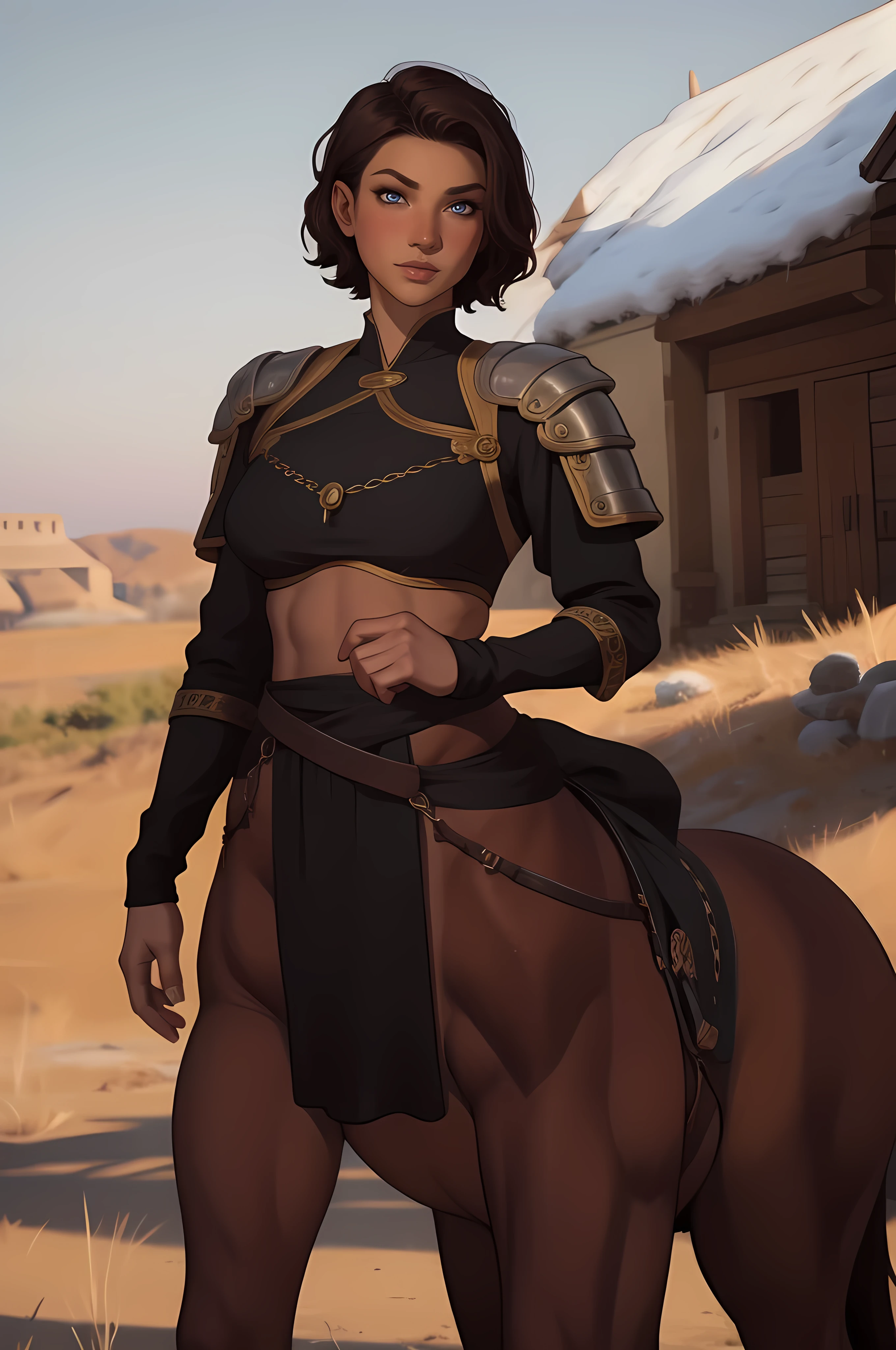 A young androgynous female centaur. Fantasy setting. Very short hair. Short manly haircut. Dark-brown hair with a undercut. Very pale skin with freckles and liverspots. Round soft face. Round soft chin. Round soft cheeks. Curved lips. Long wide nose. Dark brown eyecolour. Upturned eyes. Very thin barely visible eyebrows. Long neck. Slim. Brown fur. Looking kind and friendly. Tomboyish. Wearing a black medieval fantasy bra. In An open field. Its winter but the sun is shining. Blue sky.  | (8k, RAW photo, best quality, masterpiece:1.2), ultra-detailed, (high detailed skin:1.2), 8k uhd, dslr, soft lighting, high quality, (centered:1.2), ((LOOKING at the VIEWER)), asura, film grain, highly detailed shading, ((perfect_hands):1), Goodhands-beta2, Detailed eyes, perfect face, perfect eyes, Detailed face