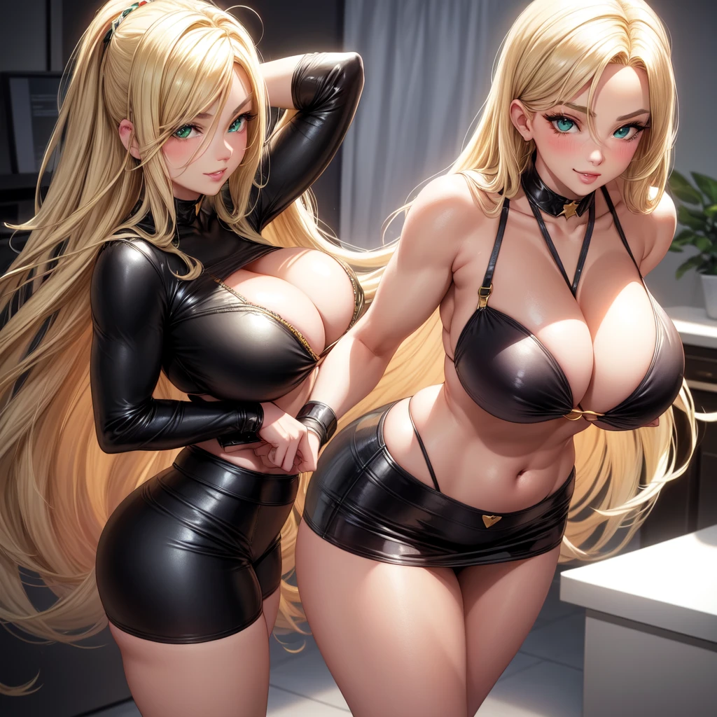 Blonde, Big round breasts, trendy, stylish, clevage, thighs, hips, realistic, blonde hair, light green eyes, lip gloss, detailed face, amazing big eyes, eye details, big lips, eyebrow details, black bikini, blush, confident, dominant, bdsm, smirk, naughty, mischevious face, HD, good quality, curvy, standing up, living room, thick thighs, attractive, amazing body, perfect body