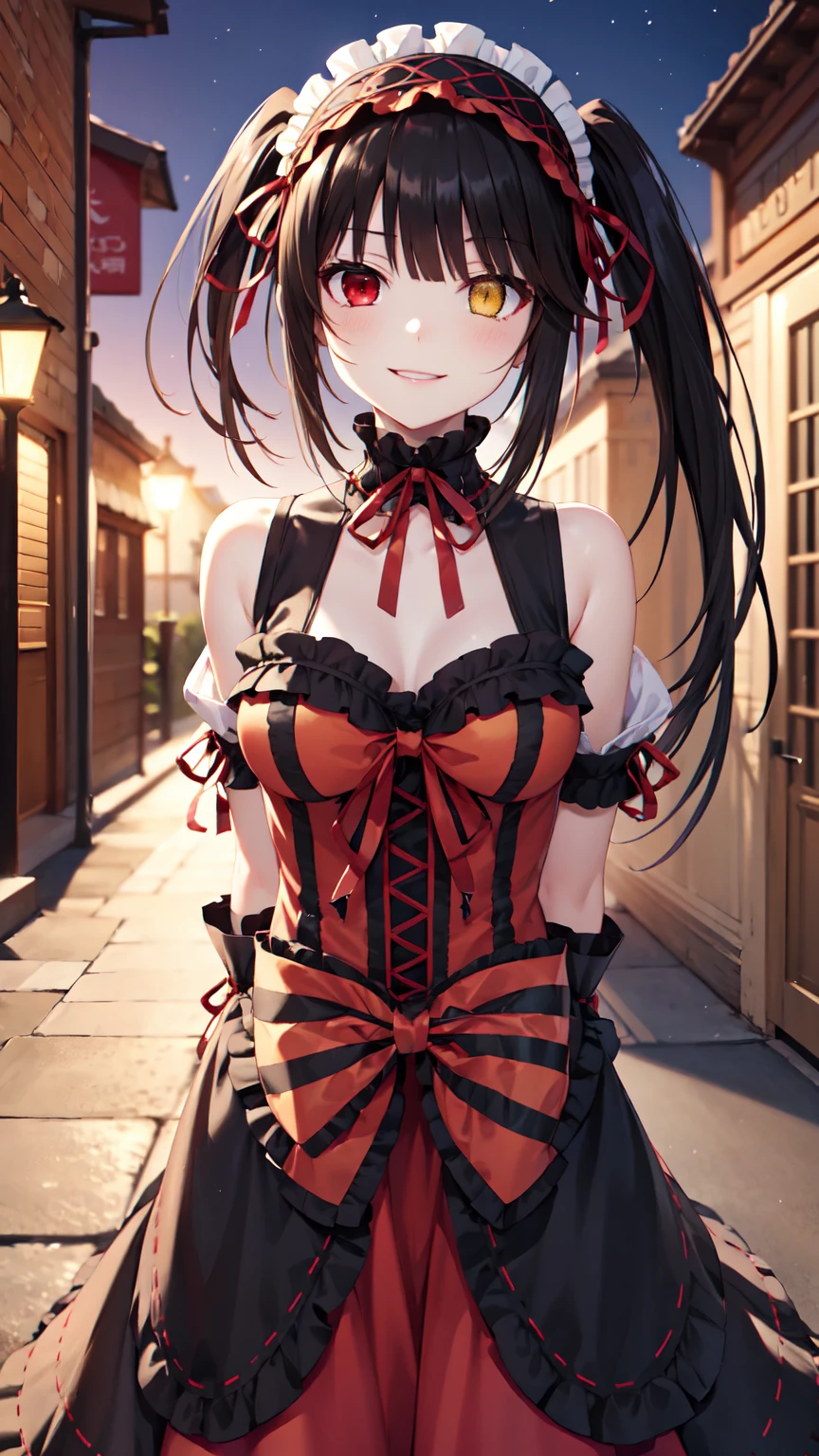 masterpiece, The best quality、street、Put your arms behind your back、Black Hair, Long twin tails bunches, (Yellow eyes:1.2), Heterochromia iridum, (Red Eyes:1.2),Tokisaki Kurumi、Smile,Gothic Lolita Clothing Accessories、victorian maid tiara、Black Ribbon、Shut up、Gothic Lolita Clothing Accessories