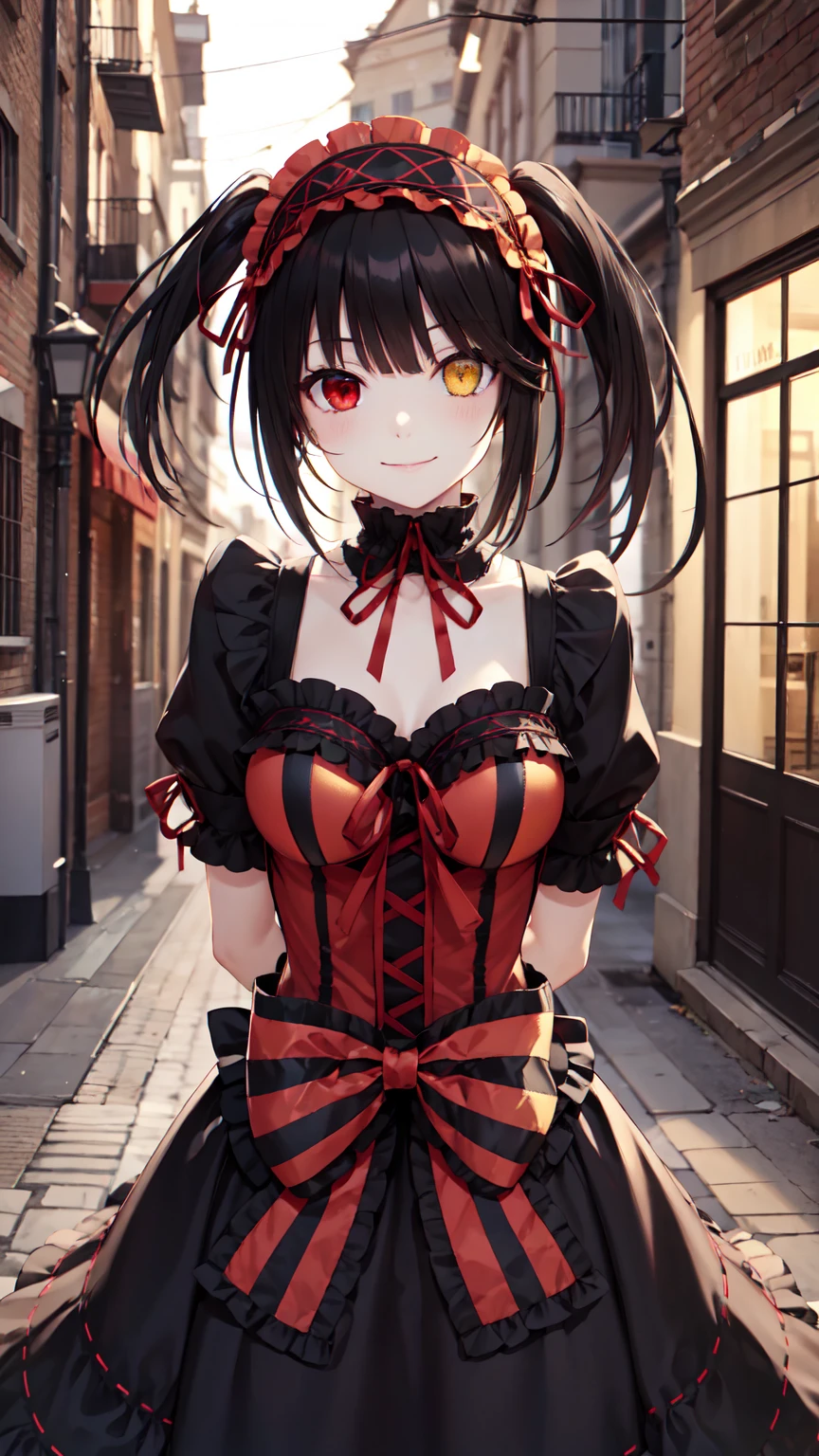 masterpiece, The best quality、street、Put your arms behind your back、Black Hair, Long twin tails bunches, (Yellow eyes:1.2), Heterochromia iridum, (Red Eyes:1.2),Tokisaki Kurumi、Smile,Gothic Lolita Clothing Accessories、victorian maid tiara、Black Ribbon、Shut up、Gothic Lolita Clothing Accessories