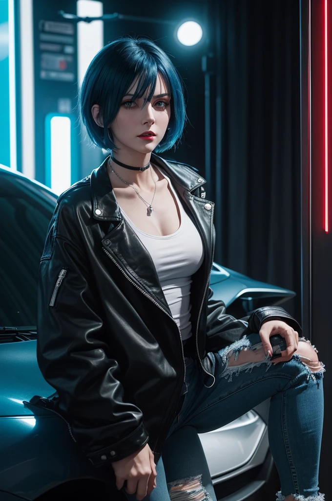 Caucasian woman short straight blue hair green eyes tall beautiful mouth wearing black jeans black t-shirt red jacket discreet silver jewelry cyberpunk setting with a black car big wheels and discreet blue lights
