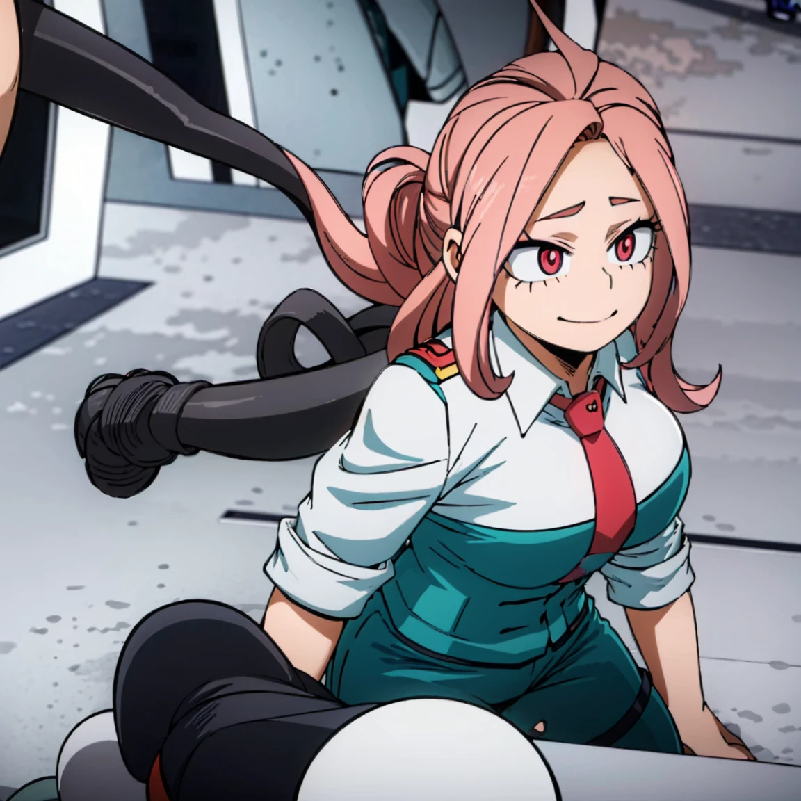 1girl, female focus, boku no hero academia, masterpiece, best quality, very aesthetic, big breasts, long wavy hair, tea-pink hair, pink eyes, smile, gray jacket, red tie, white shirt, teal pants, boots 