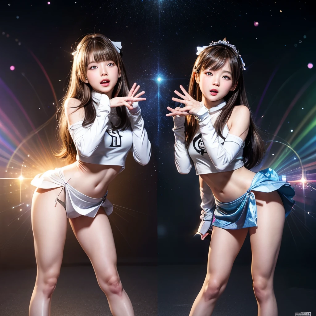 NSFW, 8k, High-level, absurd, masterpiece, best quality, primitive, very detailed CG, very detailed wallpaper, perfect lighting, Extremely detailed (((The personifying " Charlie's Angels " as a ))), MysticSight, Tyndall effect, Tyndall scattering, Studio gray background with (many Dazzling RainbowColor particles BokeH:1.28), (RoundlyButts, ThighGap), (Exposed:0.4), (Assfocus with looking ahead), BREAK (NOGIZAKA face variations) Extremely Detailed very KAWAII face variations, perfect anatomy, Childish, captivating gaze, elaborate detailed Eyes with (sparkling highlights:1.28), long eyelashes、Glossy RED Lips with beautiful details, Coquettish tongue, Rosy cheeks, Radiant PearlSkin with clear transparency . { (Dynamic LifeLike expressions:1.4) | :d) }, (large eyes:-1) .