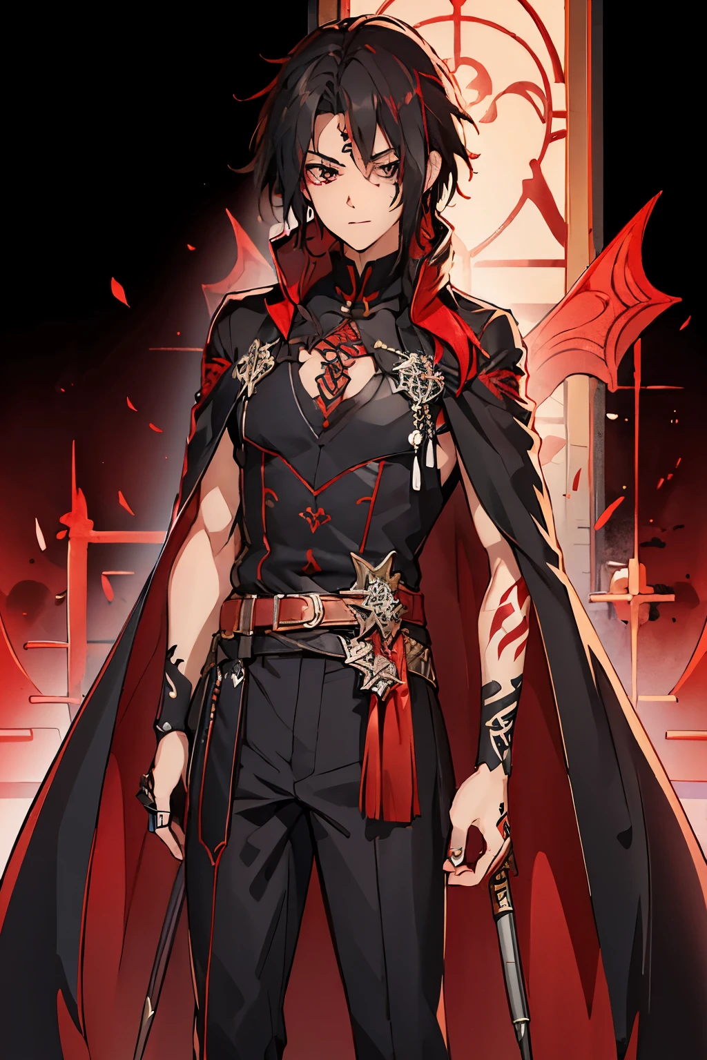 4K high resolution, one male, (((Rune Tattoos))), red and black hair, prince knight dress gown, pants, cape 