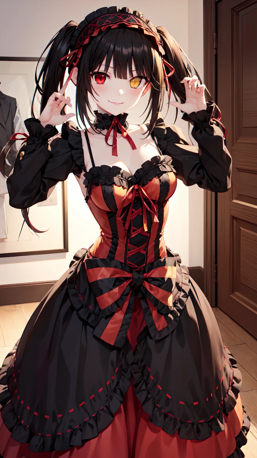 masterpiece, The best quality、street、Put your arms behind your back、Black Hair, Long twin tails bunches, (Yellow eyes:1.2), Heterochromia iridum, (Red Eyes:1.2),Tokisaki Kurumi、Smile,Gothic Lolita Clothing Accessories、victorian maid tiara、Black Ribbon、Shut up、Gothic Lolita Clothing Accessories,she's room,