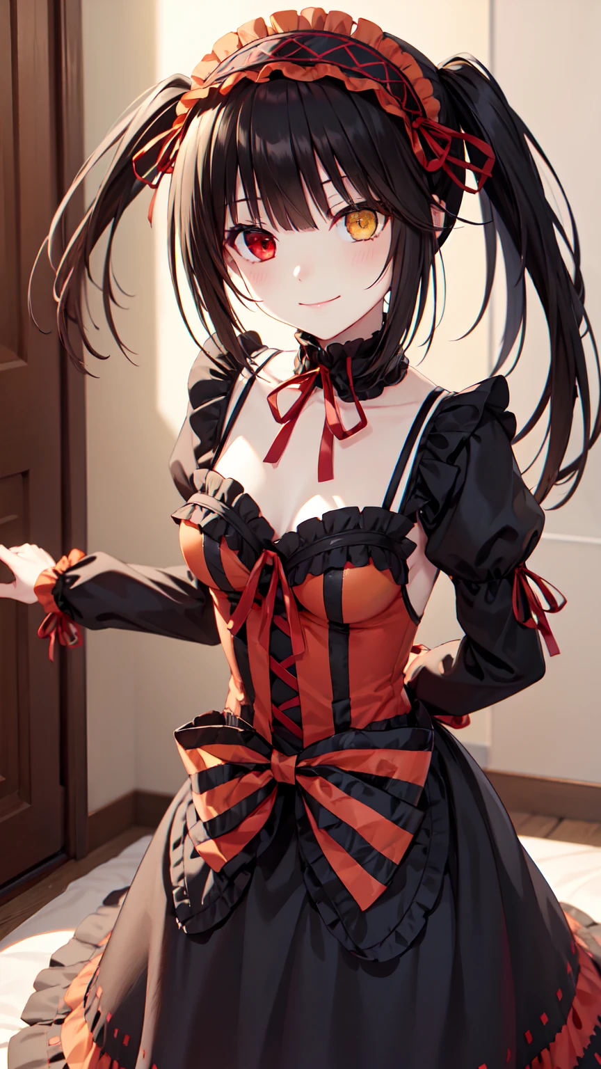 masterpiece, The best quality、street、Put your arms behind your back、Black Hair, Long twin tails bunches, (Yellow eyes:1.2), Heterochromia iridum, (Red Eyes:1.2),Tokisaki Kurumi、Smile,Gothic Lolita Clothing Accessories、victorian maid tiara、Black Ribbon、Shut up、Gothic Lolita Clothing Accessories,she's room,