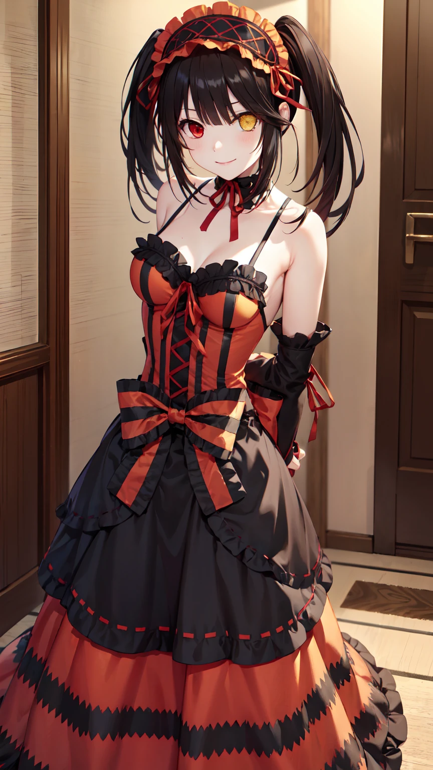 masterpiece, The best quality、street、Put your arms behind your back、Black Hair, Long twin tails bunches, (Yellow eyes:1.2), Heterochromia iridum, (Red Eyes:1.2),Tokisaki Kurumi、Smile,Gothic ta Clothing Accessories、victorian maid tiara、Black Ribbon、Shut up、Gothic Lolilothing Accessories,she's room,