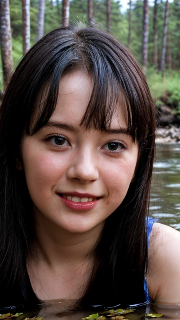 1girl, very wide shot, breathtaking creek with tree surrounding it, detailed face, (evoke a romantic vibes:1.2), smile, long black hair, dappled sunlight, bamboo trees, rocky riverside, mossy, water reflection, sharp focus, (realistic:1.3), masterpiece, ray tracing, ultra realistic, ultra hd, stylish, (blue flowers here and there, blue flower petals on water:1.2), cinematic photography lighting, bush, (, cute:1.3), (breasts:1.2),
