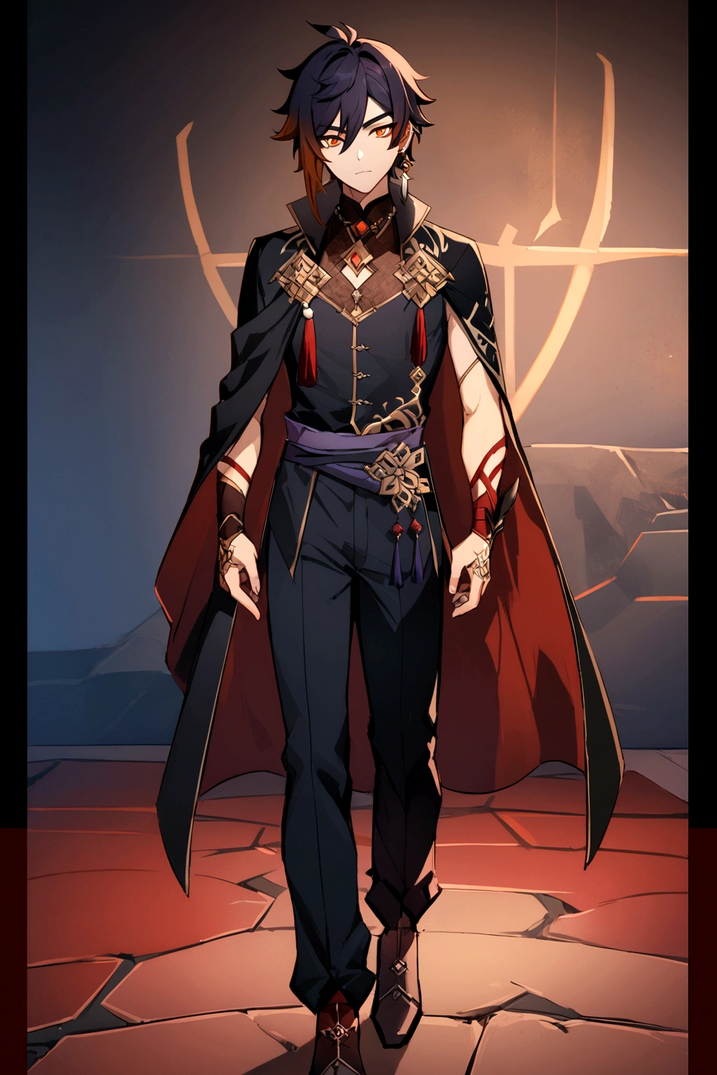 anime - style image of a male in a black and red outfit, male vampire of clan banu haqim, keqing from genshin impact, handsome male vampire, handsome guy in demon slayer art, male vampire, zhongli from genshin impact, royal attire akira, inspired in kris from deltarrune, vampire lord, beautiful male god of death