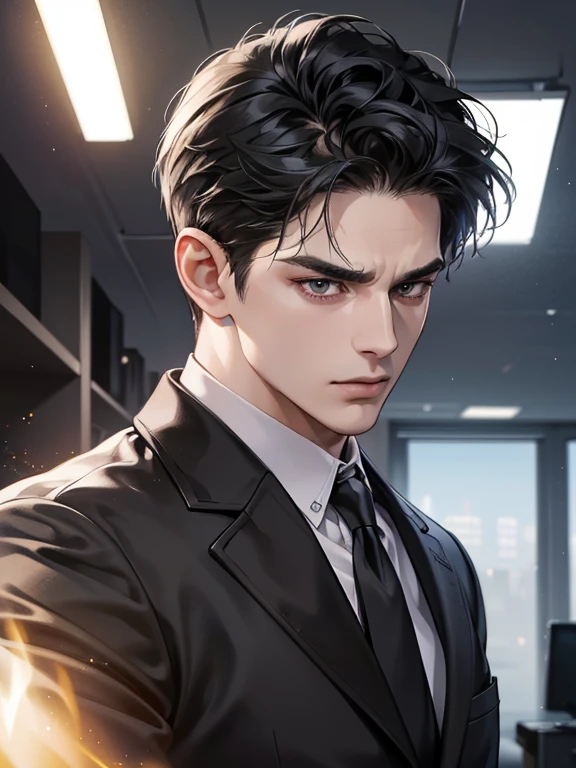(best quality, masterpiece, 8K, photorealistic, cinematic lighting, hdr image, ultra detailed, beautiful image), 1 man, 31 years old, mature man, very handsome, (without expression, serious), short black hair, black eyes ( penetrating gaze), imposing posture, businessman, office background