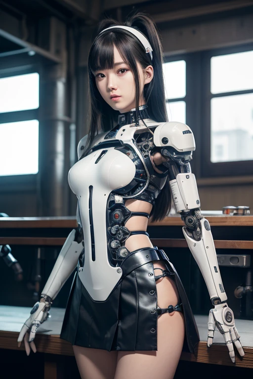 Tabletop, Highest quality, Very detailed, (Realistic:1.4),(RAW Photos) (8k, 4K, Highest quality, High resolution, 超High resolution:1.1), (Tabletop, Realistic, Photorealistic:1.1), One Girl, Japanese Cyborg Girl,plump ,Navy pleated mini skirt,Black high socks,Control panel,アンDroid,Droid,Mechanical Hand, ,Clothes that evoke mechanical technology, Robotic arms and legs, Black Robot Parts,Black Hair,Mechanical body,Blunt bangs,White abdomen,White Robotics Parts,Tube Dress,Perfect robot woman,The Laboratory of the Future,cyber punk,Charging Spot,アンDroid factory,Robot Factory,cyborg factory,Long tube,A thick cable connects her neck,Ceramic body ,Complete Eyes,Striking eyes,Mechanical body, head antenna,Mechanical ear covers,アンDroid,Robot Humanoid,