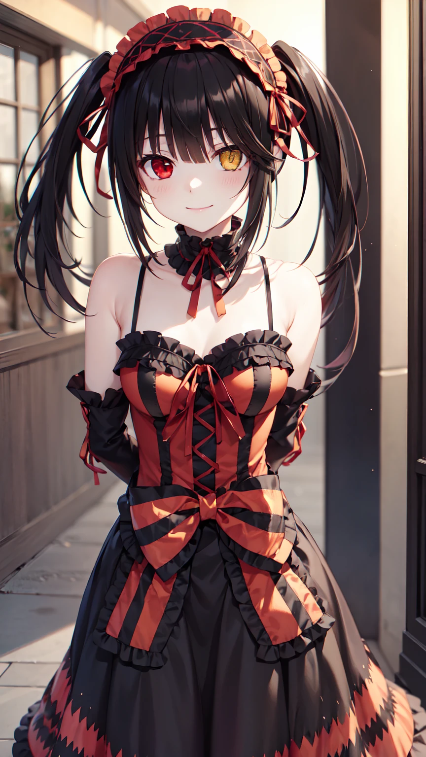 masterpiece, The best quality、street、Put your arms behind your back、Black Hair, Long twin tails bunches, (Yellow eyes:1.2), Heterochromia iridum, (Red Eyes:1.2),Tokisaki Kurumi、Smile,Gothic ta Clothing Accessories、victorian maid tiara、Black Ribbon、Shut up、Gothic Lolilothing Accessories