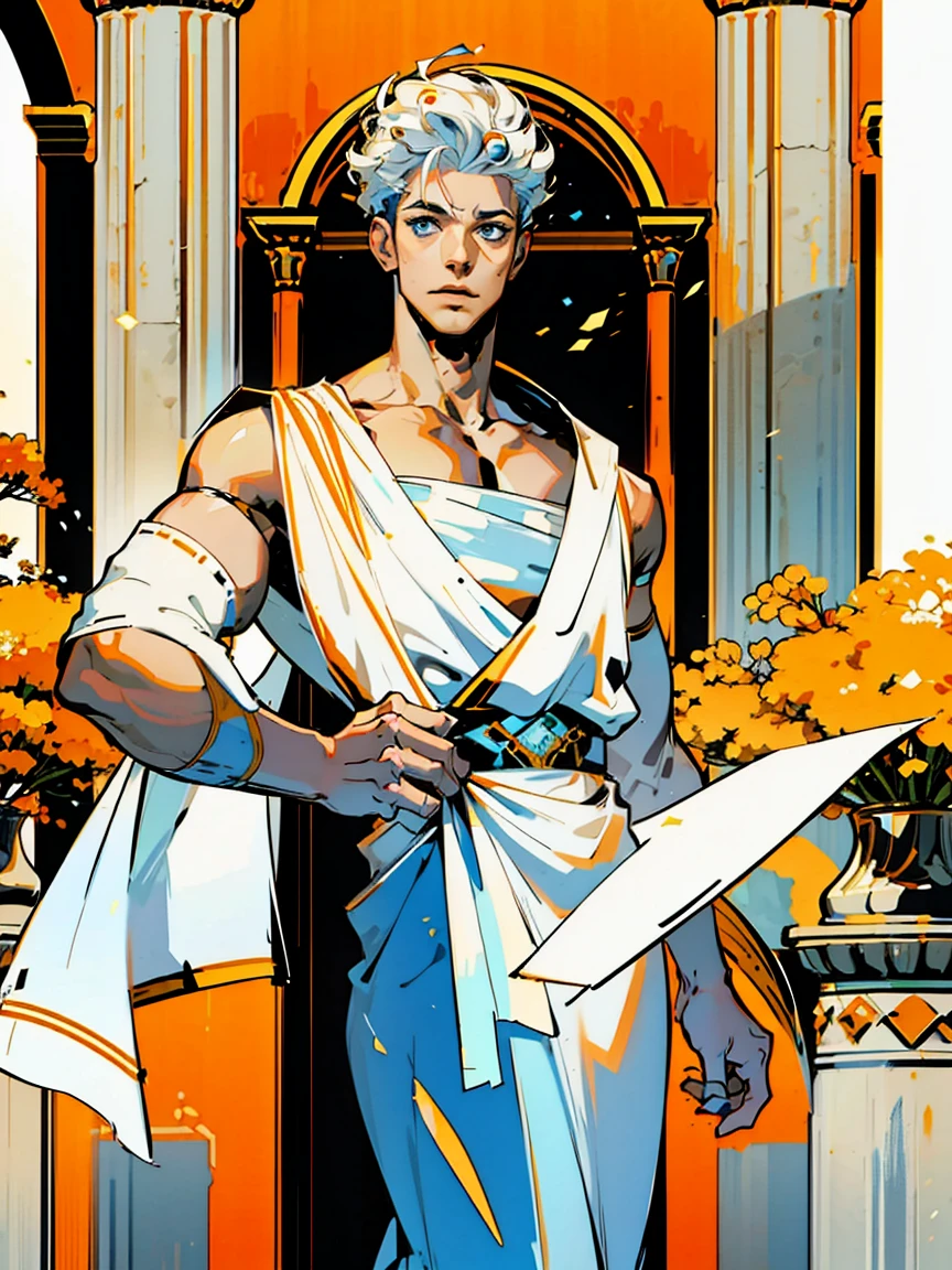 1boy, alone, 25 years old, young, white hair, blue eyes, insister sur les reflets des yeux bleus, cheveux blancs, mid lenght hair, bowl haircut, bowl hair cut, boss, formal business outfit, white outfit, white clothes, arrogant look, boastful expression, hades style, hades game, Jen zee style, greek themed image, greek background, hypnos, tartarus scenery, fumes, greek columns in background, lots of columns, greek architecture, white themed image, white furniture, orange touches of color, orange walls, looking at viewer, holding an urn of value hades game wiki obols, hades, game, wiki, obols