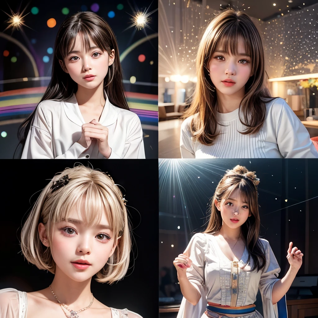 NSFW, 8k, High-level, absurd, masterpiece, best quality, primitive, very detailed CG, very detailed wallpaper, perfect lighting, Extremely detailed (((The personifying " Charlie's Angels " as a Girl))), MysticSight, Tyndall effect, Tyndall scattering, Studio gray background with (many Dazzling RainbowColor particles BokeH:1.28), (RoundlyButts, ThighGap), (Exposed:0.4), (Assfocus with looking ahead), BREAK (NOGIZAKA face variations) Extremely Detailed very KAWAII face variations, perfect anatomy, Childish, captivating gaze, elaborate detailed Eyes with (sparkling highlights:1.28), long eyelashes、Glossy RED Lips with beautiful details, Coquettish tongue, Rosy cheeks, Radiant PearlSkin with clear transparency . { (Dynamic LifeLike expressions:1.4) | :d) }, (large eyes:-1) .