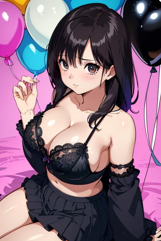 Beautiful girl, busty figure, charming face, beautiful breasts, top, Tumblr, sexy girl, beautiful and unusually beautiful, sexy pose, Black lace bra top, Black Lace tanga,in Pastel colored room with colorful balloons, Sitting with torso obscured pose.