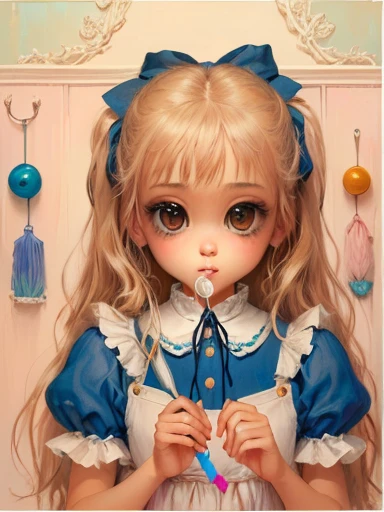 painting of a girl with a blue dress and a blue bow holding a toothbrush, portrait of alice in wonderland, inspired by Mark Ryden, alice, inspired by Alice Prin, by Caroline Chariot-Dayez, inspired by Margaret Keane, pop surrealism lowbrow art style, alice in wonderland syndrome, inspired by Alice Rahon, inspired by Alice Mason, lowbrow pop surrealism