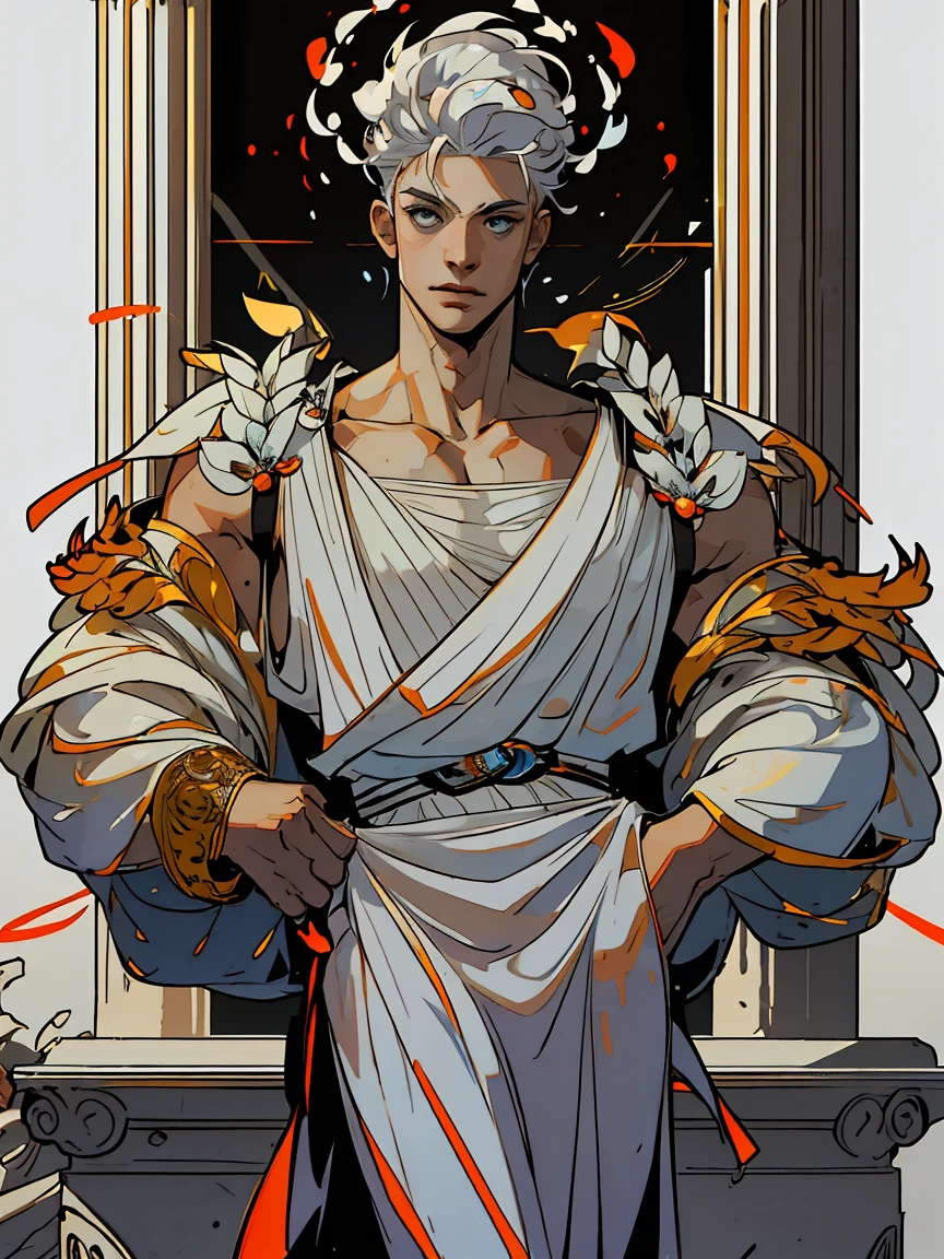 1boy, 25 years old, young, man, white hair, blue eyes, cheveux blancs,boss, formal business outfit, white outfit, arrogant look, hades style, hades game, Jen zee style, greek themed image, greek background, hypnos, tartarus scenery, fumes, greek columns in background, lots of columns, greek architecture, white themed image, white furniture, orange touches of color, orange walls