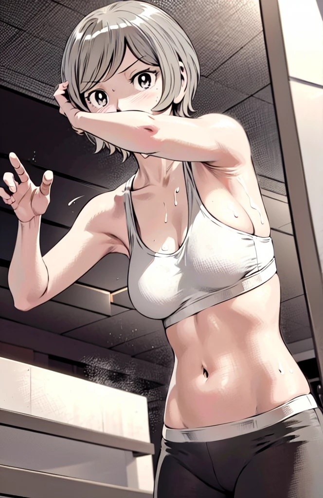 Grey sports bra、Grey panties、(masterpiece、Highest quality)、Highest quality, Ultra-high resolution, (((masterpiece))), alone, Sweat、Big eyes, Please show me your armpits, Composition from the front、（Short back hair、short hair、blonde、woman）、(Manga style:1.1)、Shortcuts、Embarrassed face、Cut your hair short、可愛いwomanの子、Big Breasts