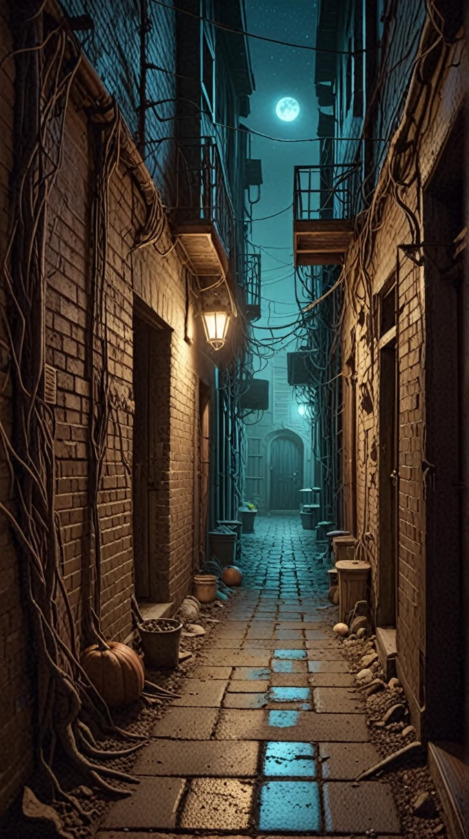 A spooky fantasy-like back alley at night