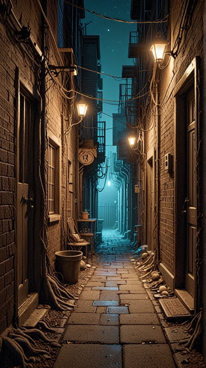 A spooky fantasy-like back alley at night