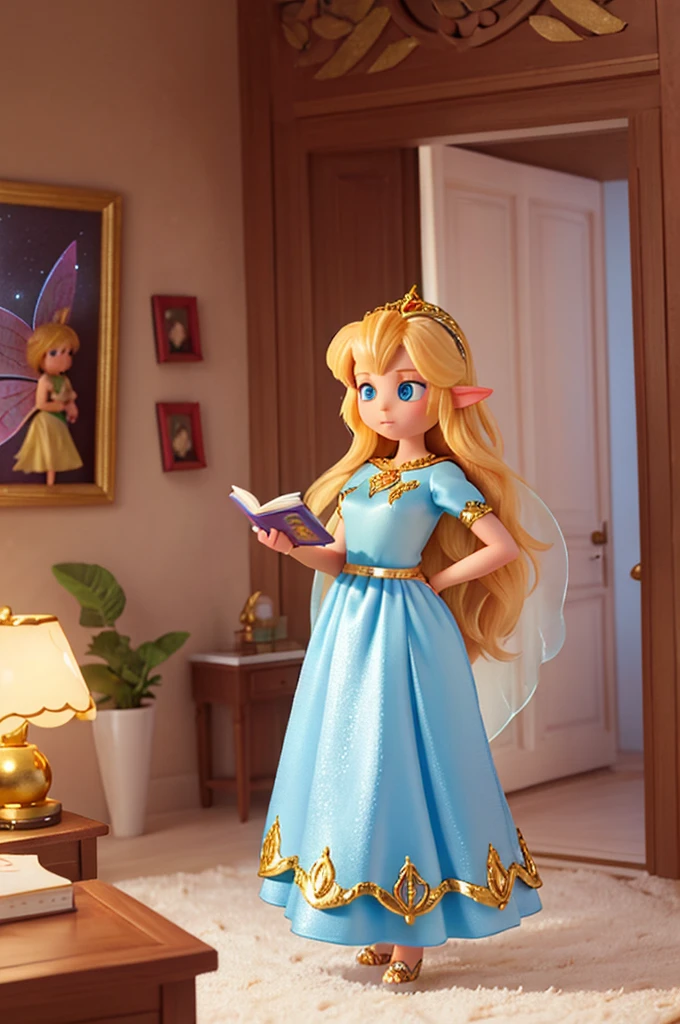 there is a with golden hair with beautiful big blue eyes with white sparkles, she is in her room, holding a book with a golden cover in her hand, she is standing in the fantasy world and ((in front of her is a fairy who speaks to her)), next to her there is a fairy who speaks to her with short hair
