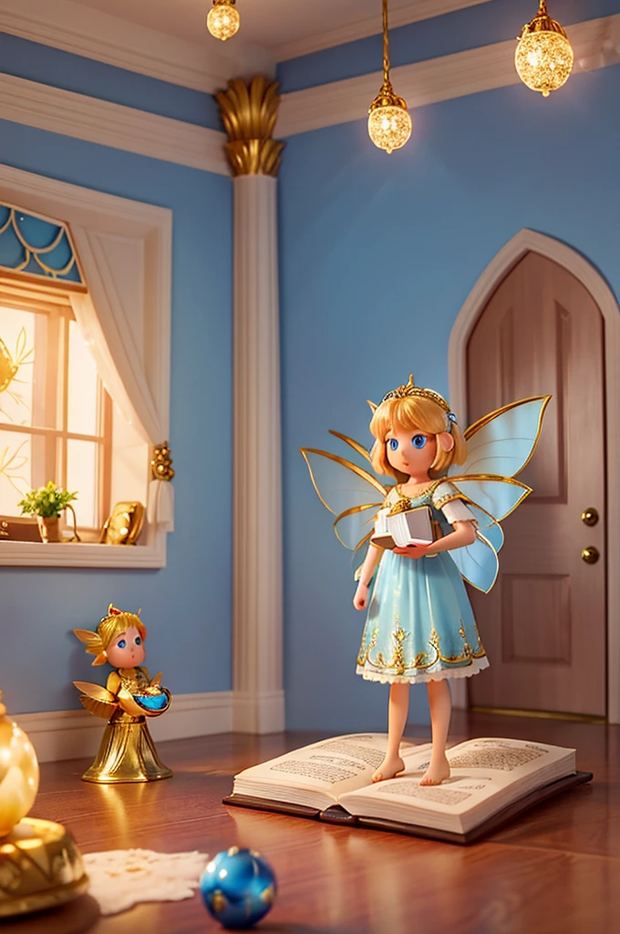 there is a with golden hair with beautiful big blue eyes with white sparkles, she is in her room, holding a book with a golden cover in her hand, she is standing in the fantasy world and ((in front of her is a fairy who speaks to her)), next to her there is a fairy who speaks to her with short hair