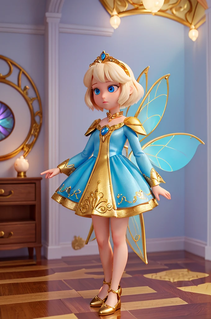 there is a with golden hair with beautiful big blue eyes with white sparkles, she is in her room, holding a book with a golden cover in her hand, she is standing in the fantasy world and ((in front of her is a fairy who speaks to her)), next to her there is a fairy who speaks to her with short hair