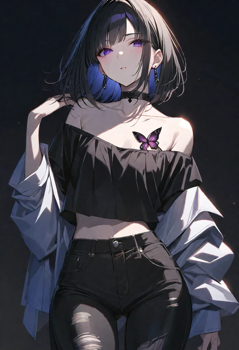 solo, handsome, Glossy feel,
1. Female,
Hime cut,Straight Hair,Bob Hair,
black hair,
Nakano Yotsuba,
purple Eyes,Soft look,beautiful,beautiful,Sexy,Darkness,butterfly Tattoo,Lots of black earrings,choker,
black Off Shoulder,black Distressed jeans,
skin,Black Rose,Alluring,
black background,Black Rose