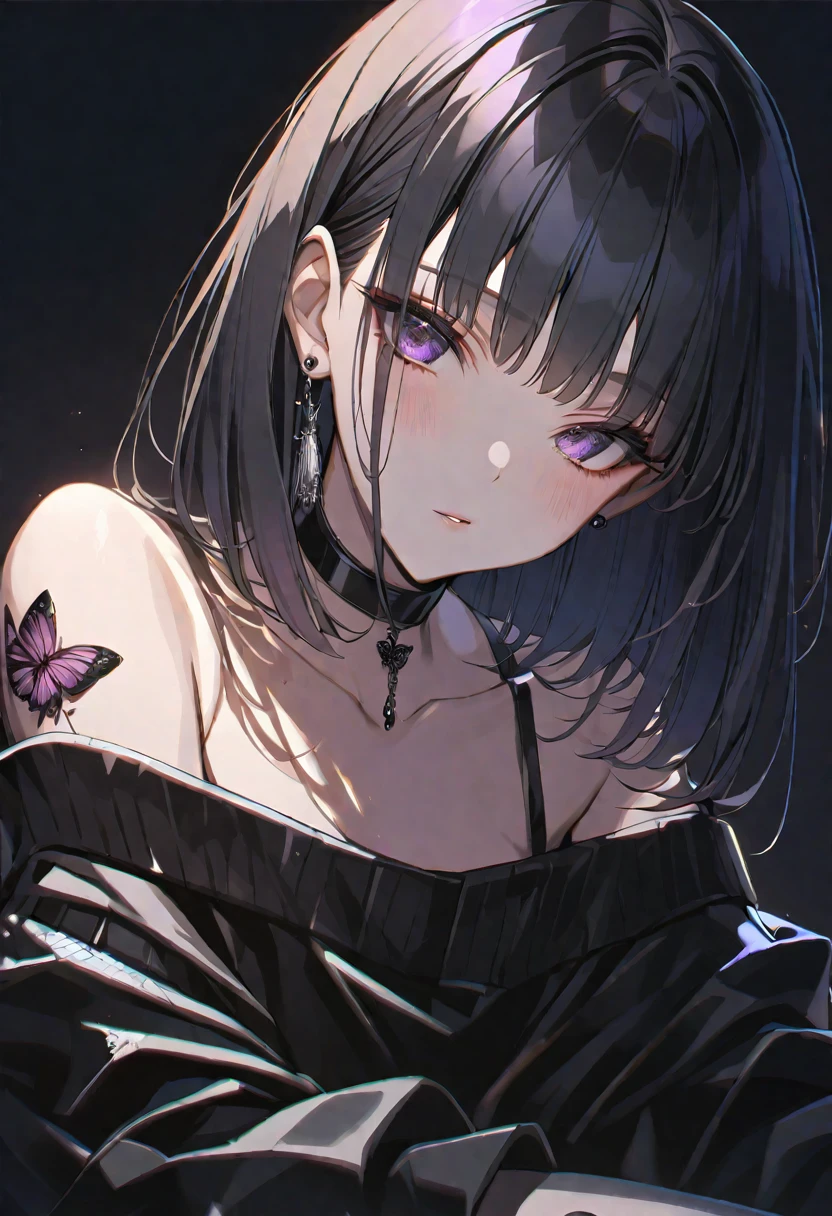 solo, handsome, Glossy feel,
1. Female,
Hime cut,Straight Hair,Bob Hair,
black hair,
Nakano Yotsuba,
purple Eyes,Soft look,beautiful,beautiful,Sexy,Darkness,butterfly Tattoo,Lots of black earrings,choker,
black Off Shoulder,black Distressed jeans,
skin,Black Rose,Alluring,
black background,Black Rose
