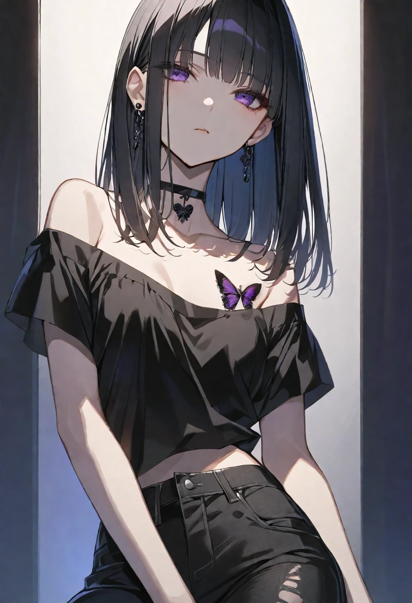solo, handsome, Glossy feel,
1. Female,
Hime cut,Straight Hair,Bob Hair,
black hair,
Nakano Yotsuba,
purple Eyes,Soft look,beautiful,beautiful,Sexy,Darkness,butterfly Tattoo,Lots of black earrings,choker,
black Off Shoulder,black Distressed jeans,
skin,Black Rose,Alluring,
black background,Black Rose