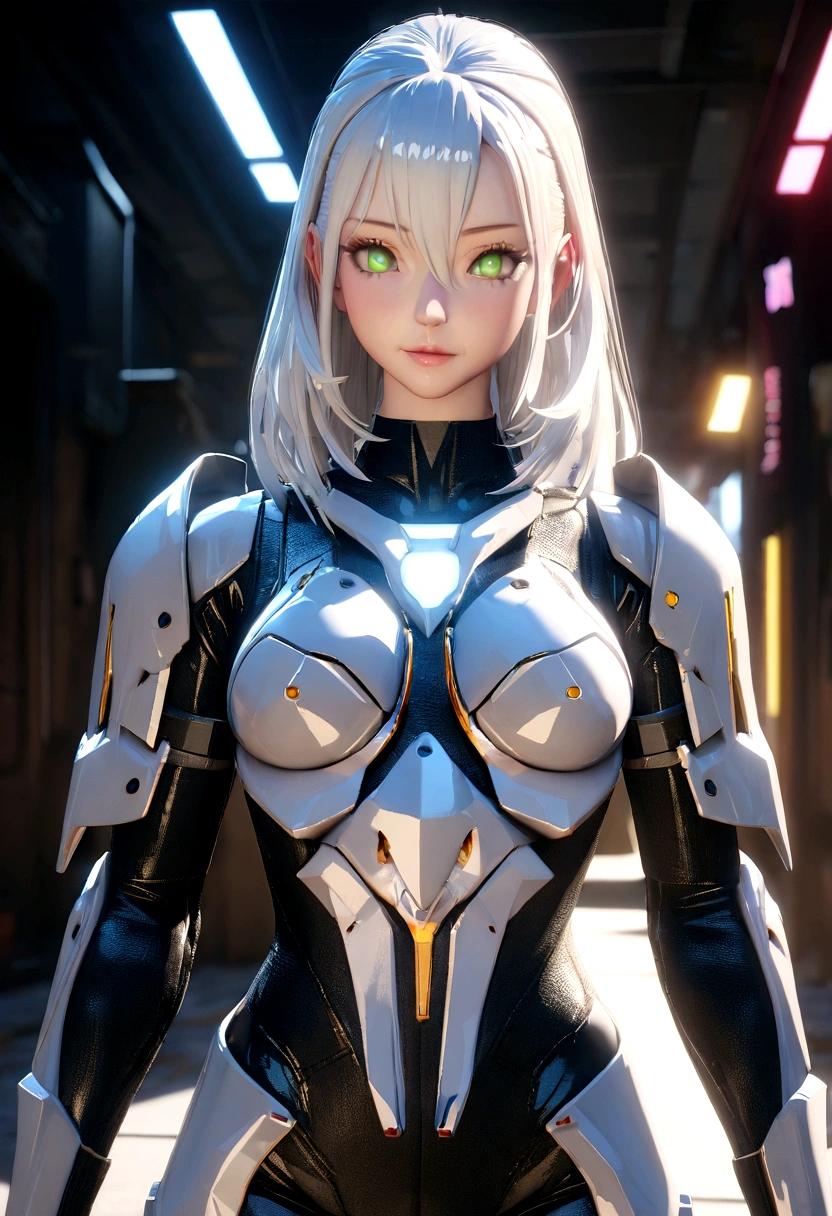 ((Best quality)), ((masterpiece)), (detail:1.4), 3D, Beautiful cyberpunk female character,Wearing black and white high-tech armor,chest,White hair,Loose hair,Slim body,Perfect proportion,Human Development Report(High Dynamic Range),Ray Tracing,NVIDIA RTX,Super Resolution,Unreal 5,Subsurface scattering、PBR Textures、Post-Processing、Anisotropic filtering、Depth of Field、Maximum clarity and sharpness、Multi-layered textures、Albedo and Specular Maps、Surface Shading、Accurately simulate the interaction of light and matter、Perfect proportion、Octane Rendering、Two-color light、Large aperture、Low ISO、White Balance、Rule of Thirds、8K raw data、