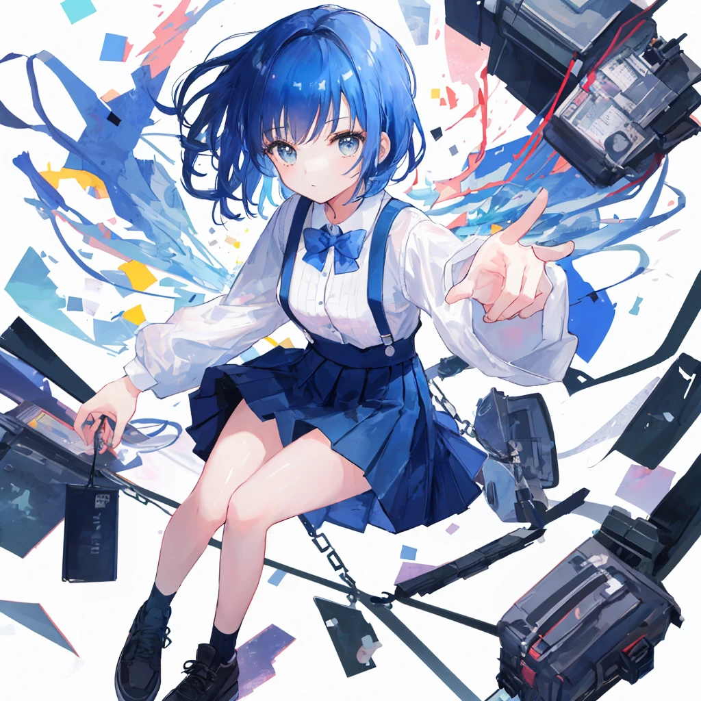 (masterpiece, Highest quality, Highest quality), One girl, whole body, suspenders, Short skirt, Blue Hair Girl, cute