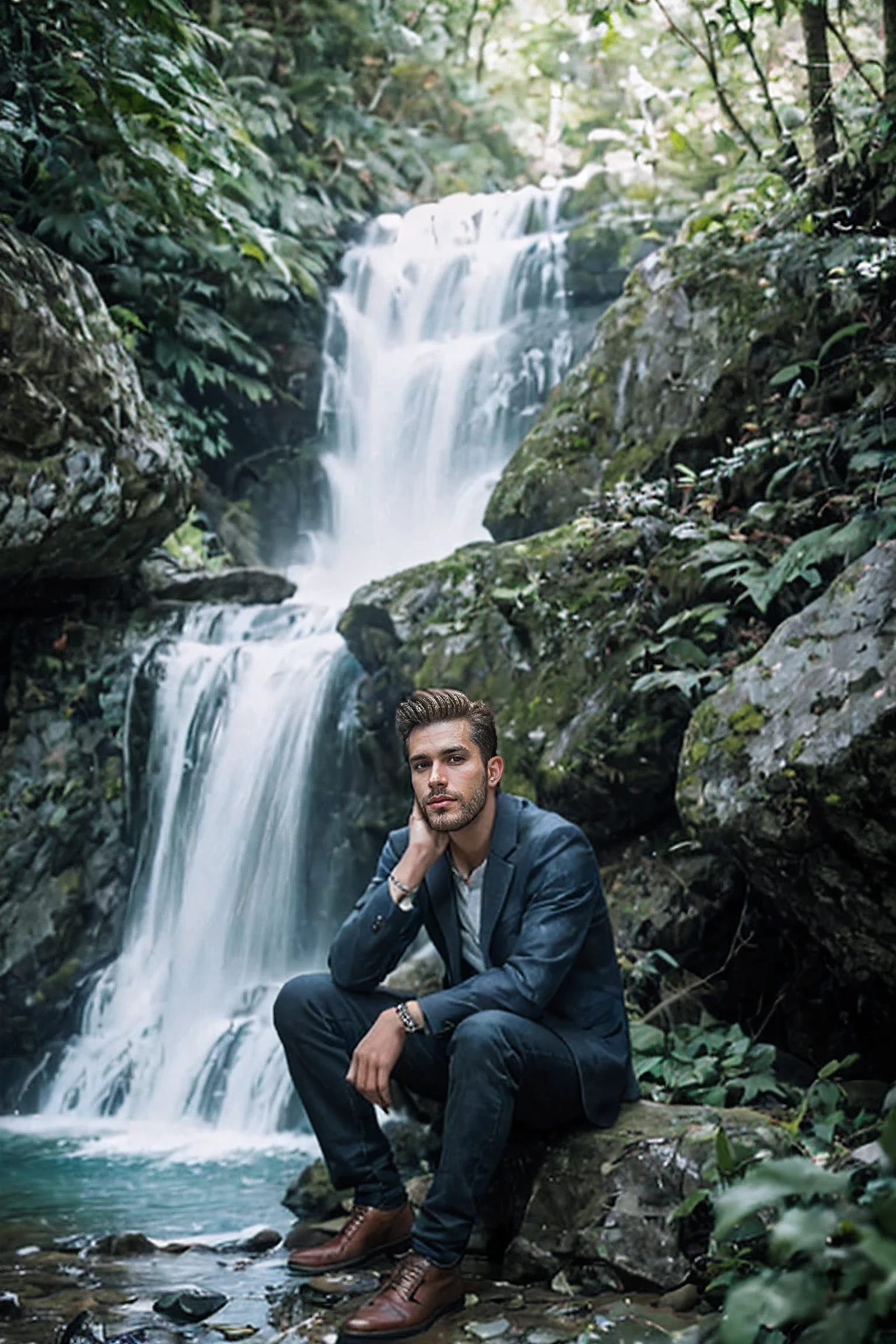 shot by Sony a7 IV Mirrorless Camera, natural light, analog film photo, Kodachrome ,in a magical crystal world , a handsome men is sitting near a waterfall
