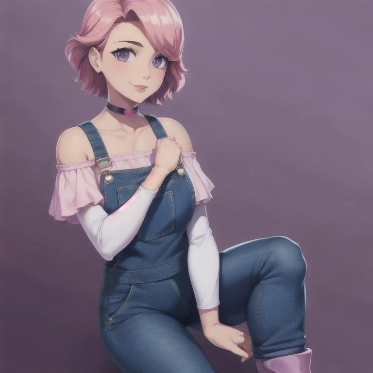 1girl, solo, short pink hair, (dark blue choker), (dark blue denim overalls), (purple eyes), (pink boots), (white shoulder lantern sleeve blouse, tucked in pants