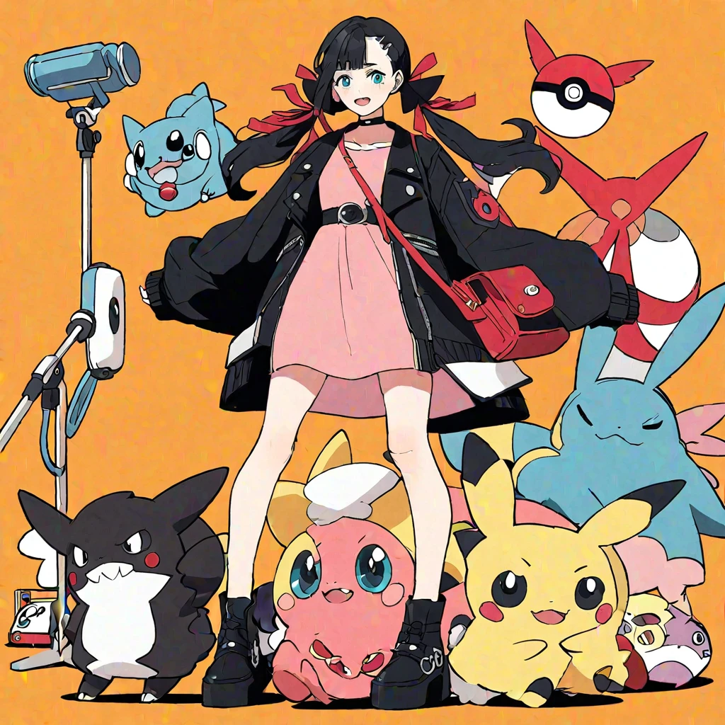 (masterpiece, best quality:1.2), coalowl,1girl, aqua eyes, asymmetrical bangs, asymmetrical hair, bag, bangs, black choker, black footwear, black hair, black jacket, boots, choker, collared dress, dress, eyelashes, gloria \(pokemon\), hair ribbon, holding, jacket, long hair, long sleeves, marnie \(pokemon\), medium hair, microphone stand, morpeko, morpeko \(full\), open clothes, open mouth, orange background, piers \(pokemon\), pink dress, poke ball, poke ball \(basic\), pokemon \(creature\), red ribbon, ribbon, rotom, rotom phone, standing, teeth, twintails