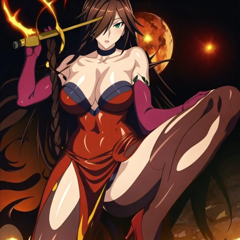 長い髪のbeautifulアニメ風の美女, (((Reddish brown hair)))Ponytail Hair,(((Highest quality)))Transparent Hair,The face of cool,(((Red eyes)))Beautiful woman full of pleasure,(((A well-defined, glamorous body)))((Huge bust))Tight waist,(((光沢感あるRadical Shrine Maidenを着ている))),(((Radical Shrine Maiden)))She is wearing a shrine maiden costume that exposes her chest, navel, and thighs.,(((beautiful)))Fair skin,(((Standing provocatively)))Full Body Shot,(((background)))wood,fog,Red Moon,Mysterious flower,Abandoned Castle。
